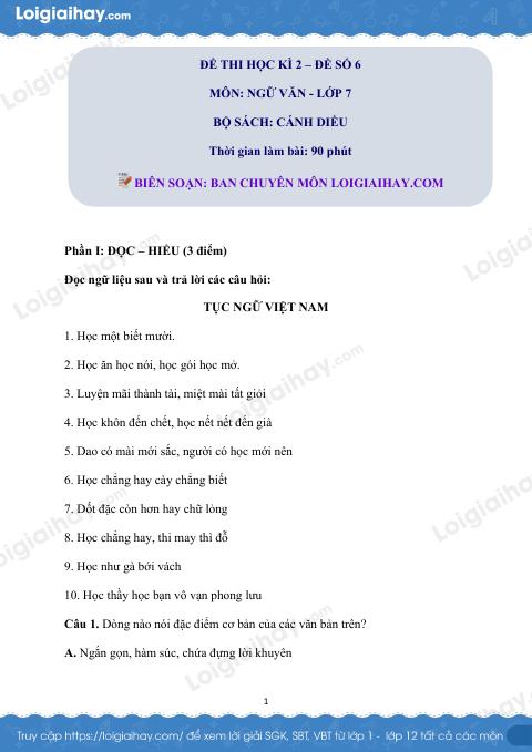 Đề thi học kì 2 Văn 7 Cánh diều - Đề số 6